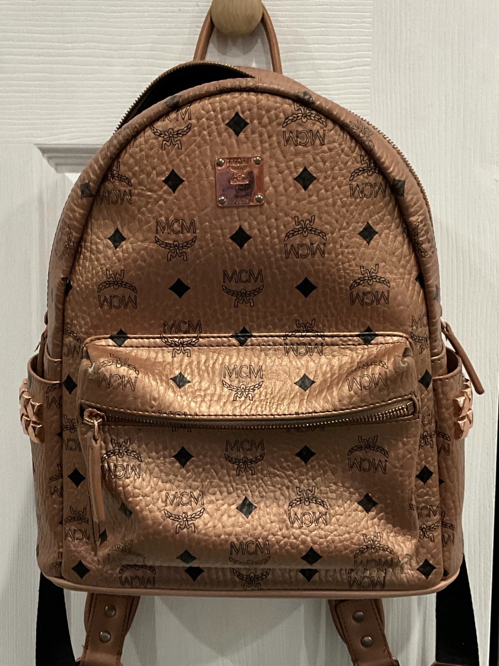 MCM Small Stark Side Studs Backpack in Metallic Rose Gold Coated Canvas Leather